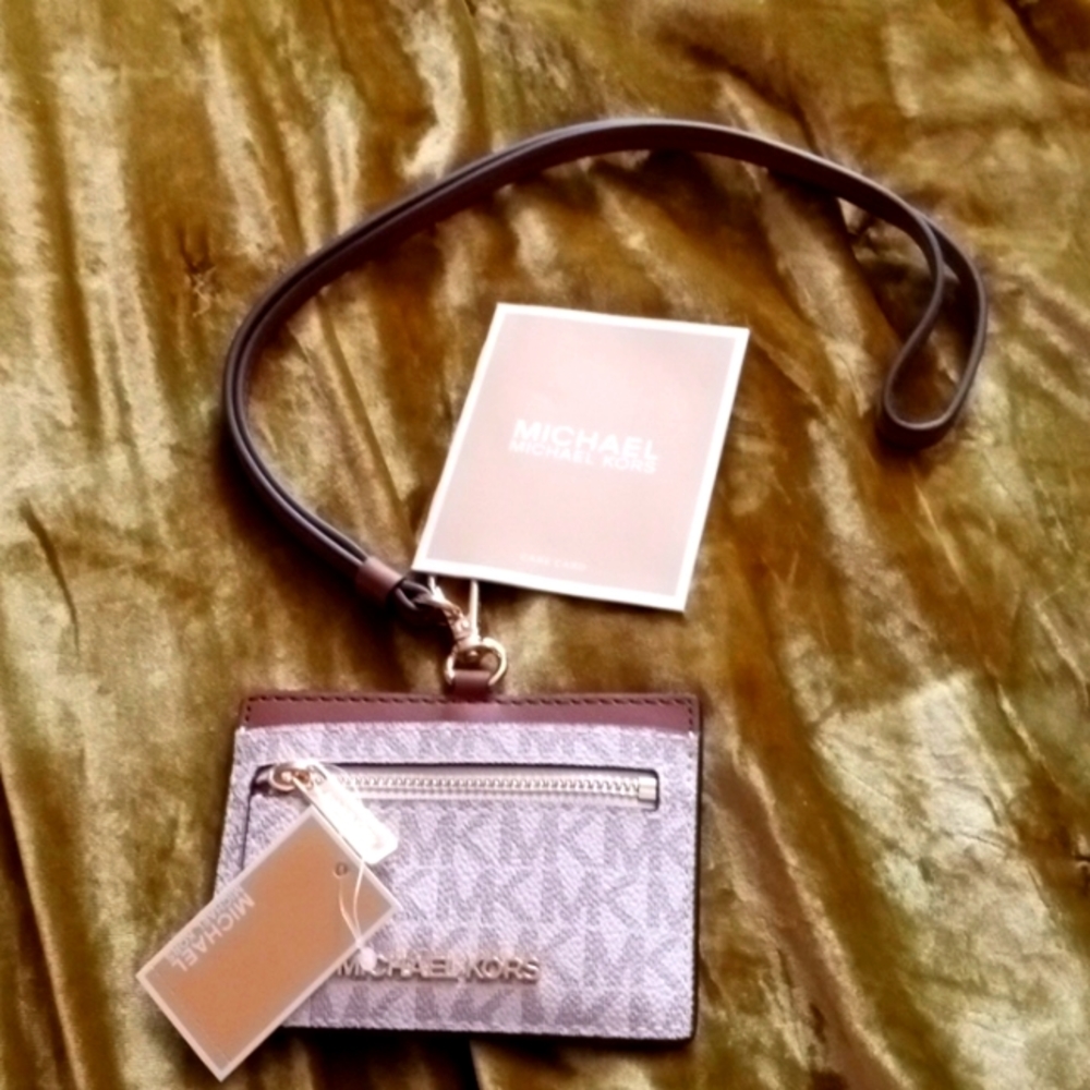 NWT MICHAEL KORS CARD HOLDER WITH NECK STRAP. 3 x 4.  BEIGE AND BROWN